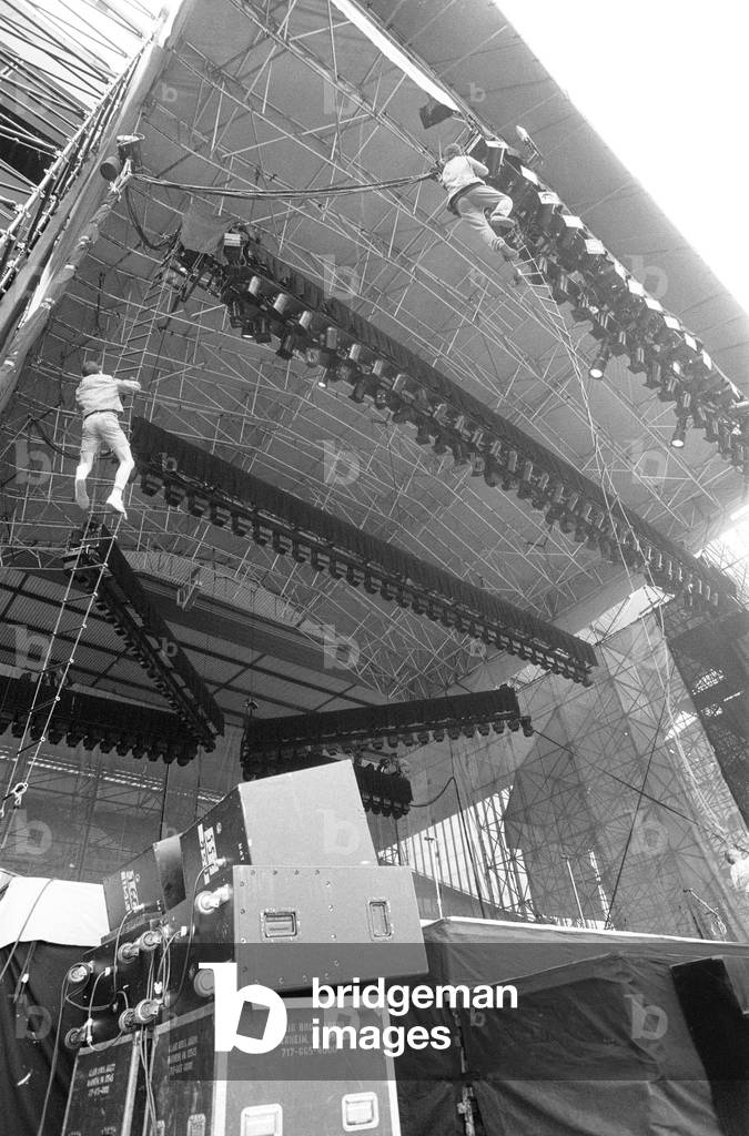 Preparations ahead of Bruce Springsteen Concert, Villa Park, Birmingham, Tuesday 21st June 1988 (b/w photo)