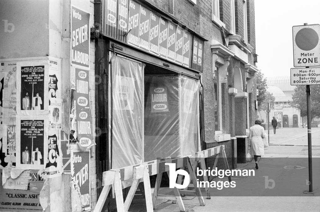 Labour Headquarters damaged during demonstrations, Ladywood, Birmingham, 15th August 1977. By-election, to be held on 18th August 1977 (b/w photo)