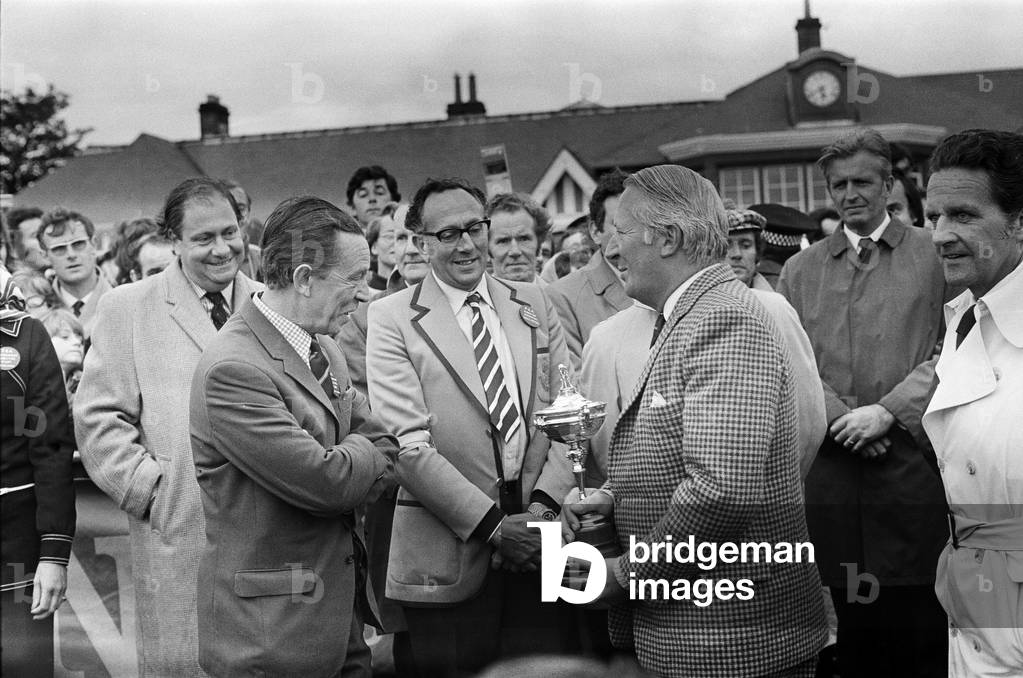 The, 20th Ryder Cup Matches were held at Muirfield in Gullane, East Lothian, Scotland. The United States team won the competition by a score of 19 to, 13 points. Pictured is the Prime Minister Ted Heath with the Ryder Cup trophy., 22nd September 1973 (b/w photo)