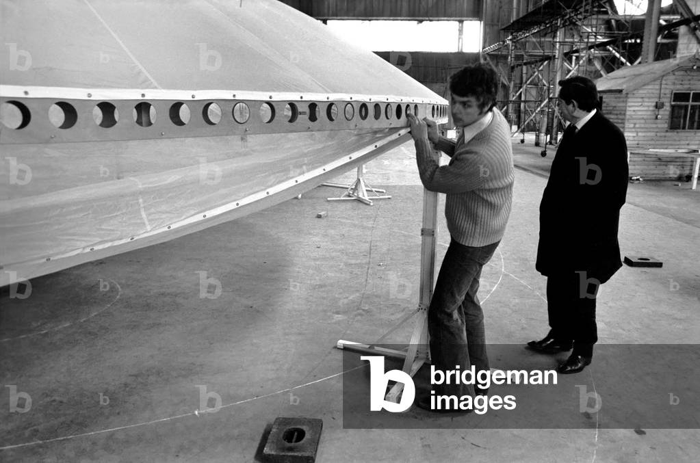 A flying saucer was seen at Cardington formerly the Royal Airship Works, Beds., April 1975 (b/w photo)
