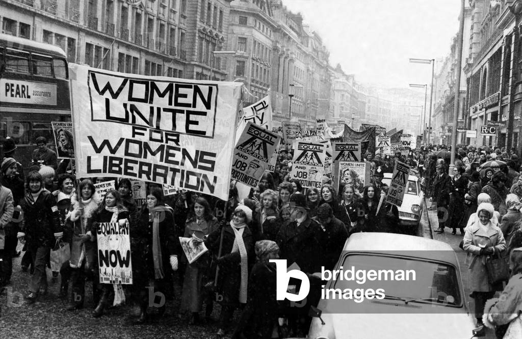 Hundreds of militant women, members of the Women's Liberation Movement marched through London on 6th March 1971 in the biggest all female demonstration since the days of the suffragettes, 1971 (b/w photo)