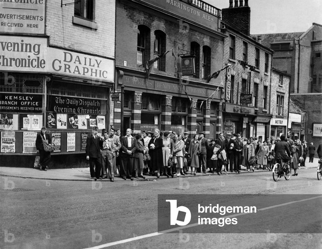 Men of the Warrington bus service in Lancashire were today on a one day token strike, because a man had been suspended for one day, June 1951 (b/w photo)