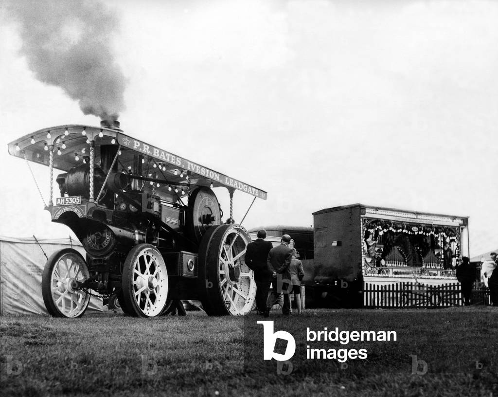 The traction engine Dreadnaught being use to power a fairground organ on 10th June 1966 (b/w photo)
