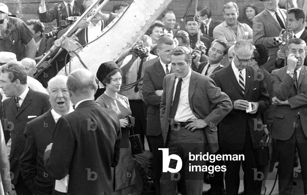 Princess Margaret and Lord Snowdon on set in Hollywood with Paul Newman and Alfred Hitchcock filming his latest film 