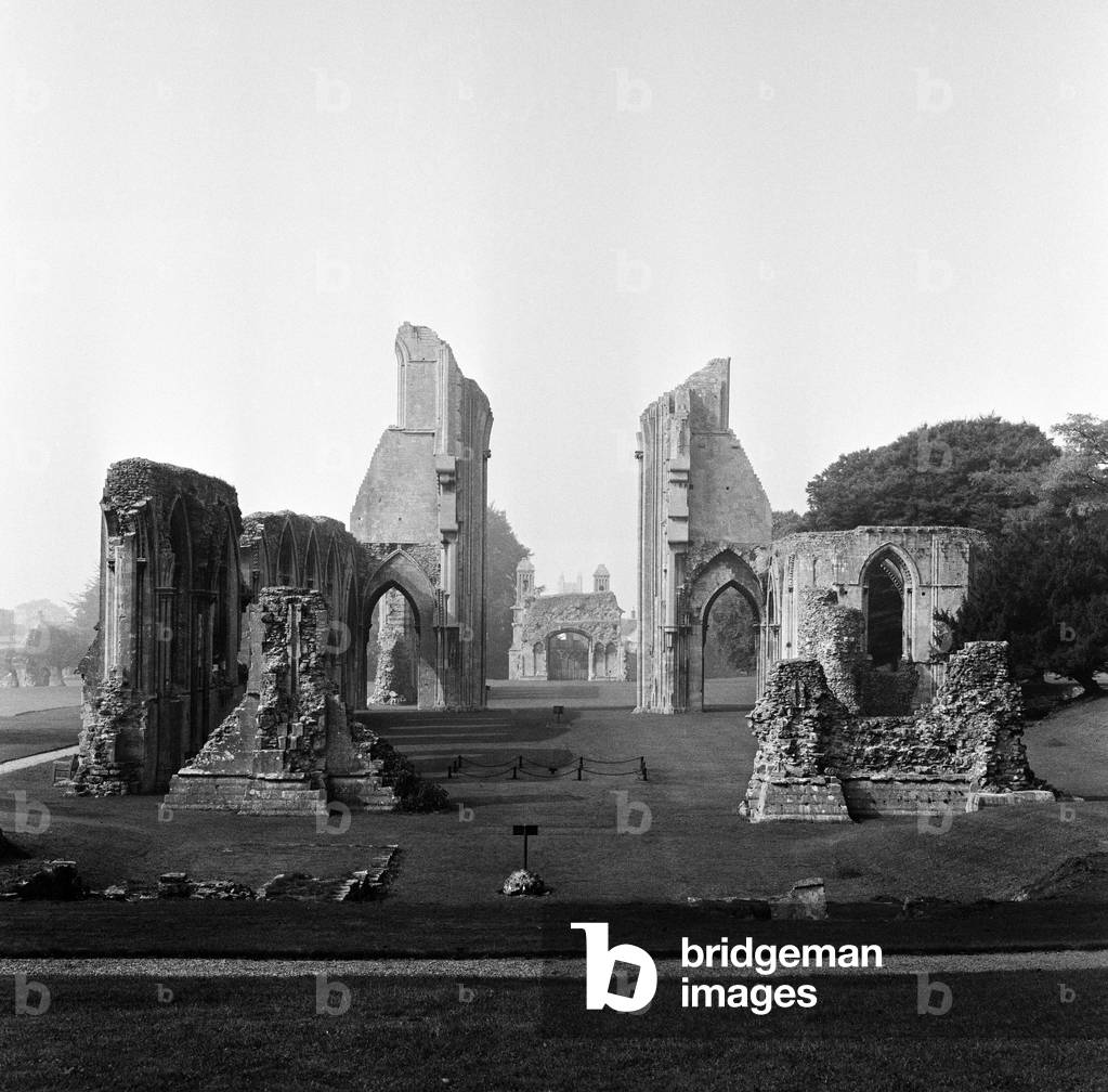 Glastonbury Abbey in Somerset, old ruined building. 22nd September 1966.