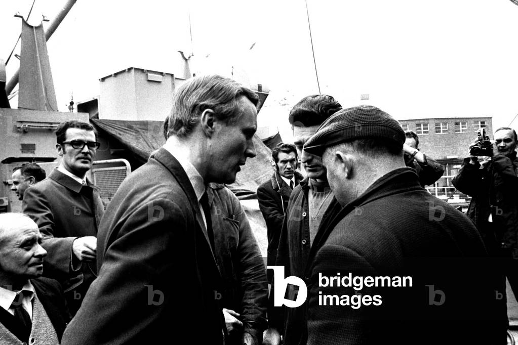 The Minister of Technology Mr. Anthony Wedgewood Benn visiting Palmers Shipyard at Hebburn, May 1970 (b/w photo)