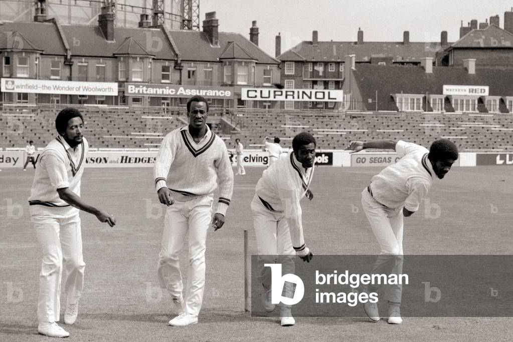 A Batsman's Nightmare at The Oval May 1976 The fearsome four from the West Indies - their famous pace attack FROM LEFT TO RIGHT Andy Roberts - Vanburn Holder - Wayne Daniel and Michael Holding Cricket Players Bowlers 1970s 11/05/1976 (b/w photo)