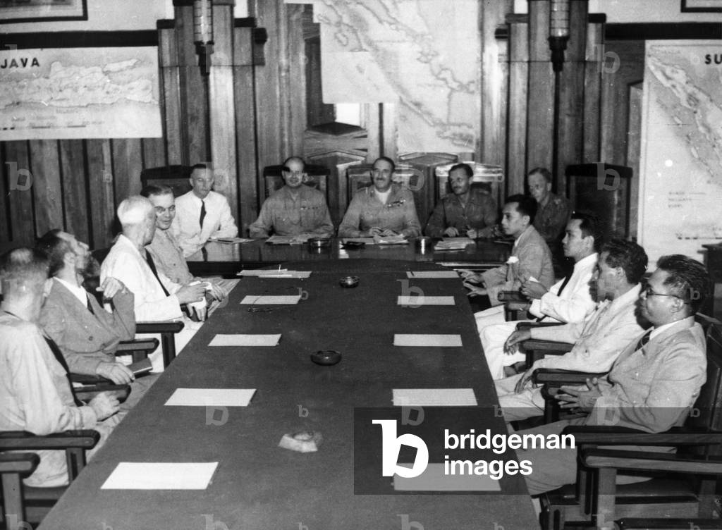 First three power conference in Java held between the British, Dutch and Indonesians in the Conference Room of General Chrisison's Headquarters in Batavia at 8pm on Saturday, 17th November 1945