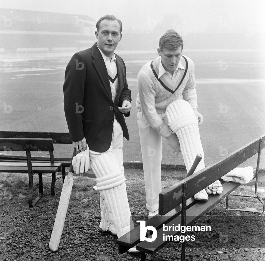 Yorkshire County Cricket Club, players head to the nets with snow still on the ground, 5th April 1961 (b/w photo)