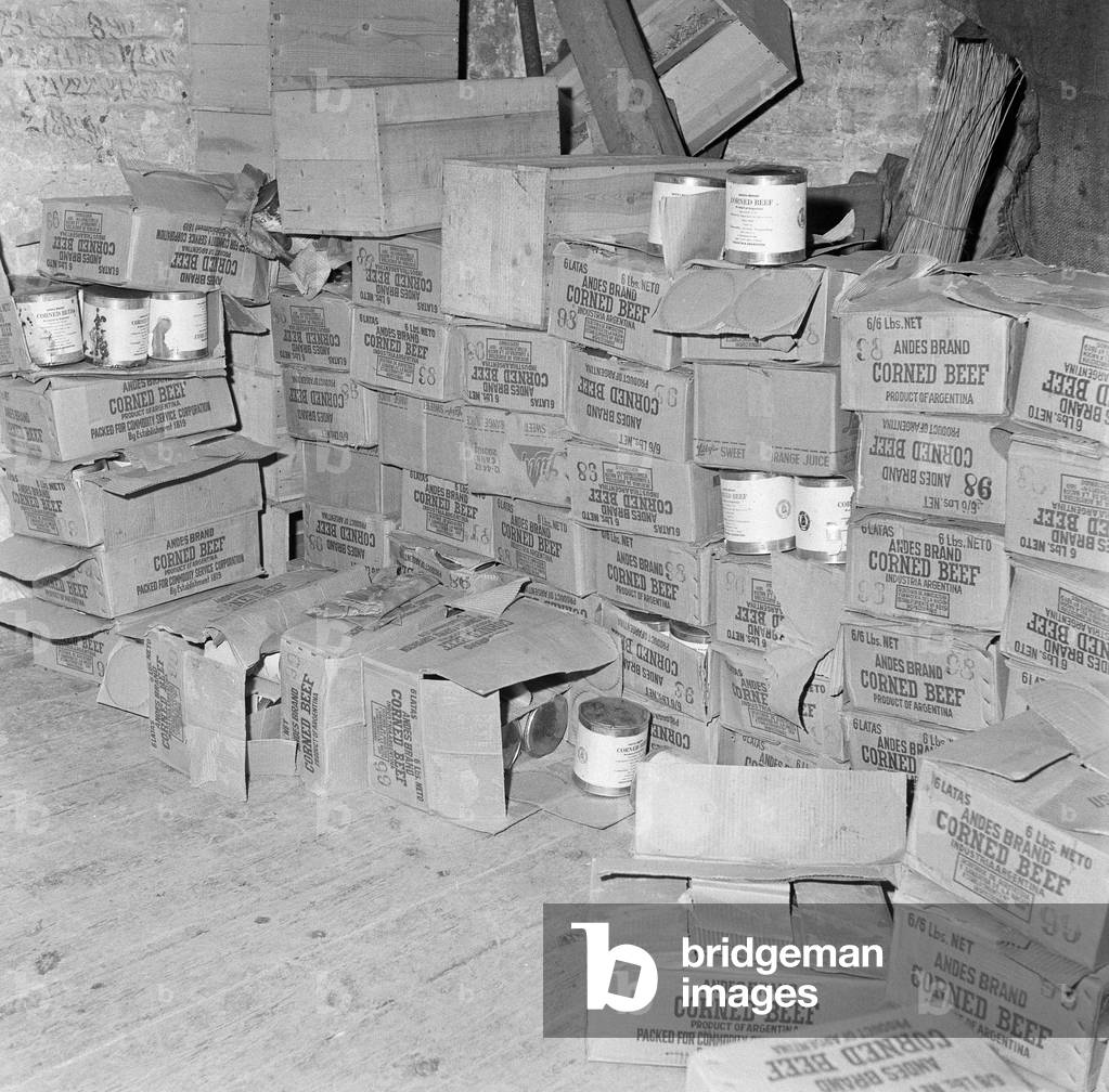 Typhoid outbreak. Aberdeen. Scotland. 1964. In 1964 there was an outbreak of typhoid in the city of Aberdeen, Scotland. The first two cases were identified on 20 May 1964; eventually over 400 cases were diagnosed and the patients were quarantined at the City Hospital in Urquhart Road, but no fatalities resulted. The outbreak was eventually traced to contaminated tinned corned beef from South America made by Fray Bentos and sold in the city's branch of the Scottish grocery chain William Low. The infected meat then contaminated a meat slicing machine within the William Low shop, leading to the spread of the disease. Pictured. Discarded Tins of corned beef from Argentina, 31st May 1964 (b/w photo)