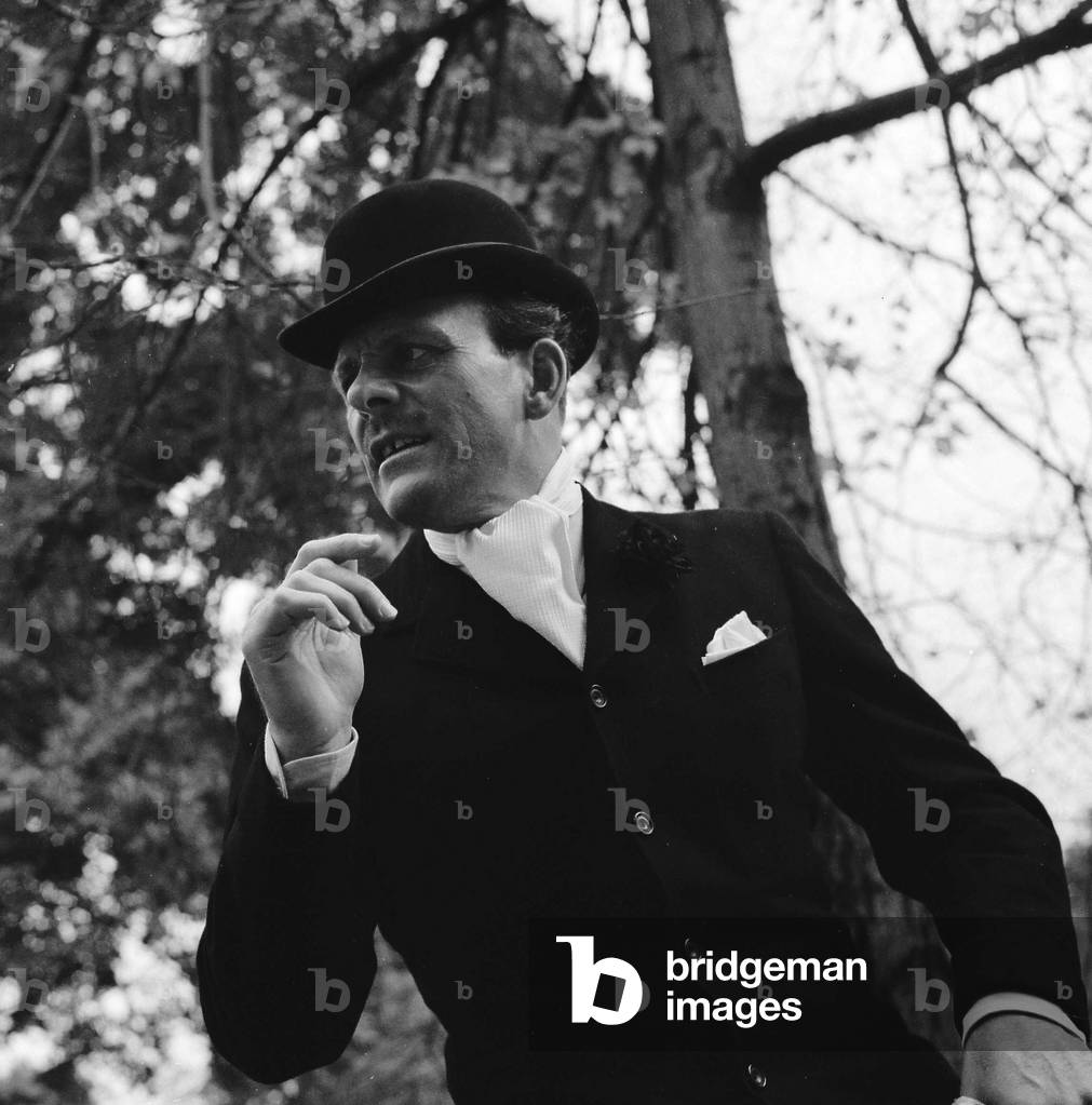 Actor Terry Thomas horse riding October 1958 (b/w photo)