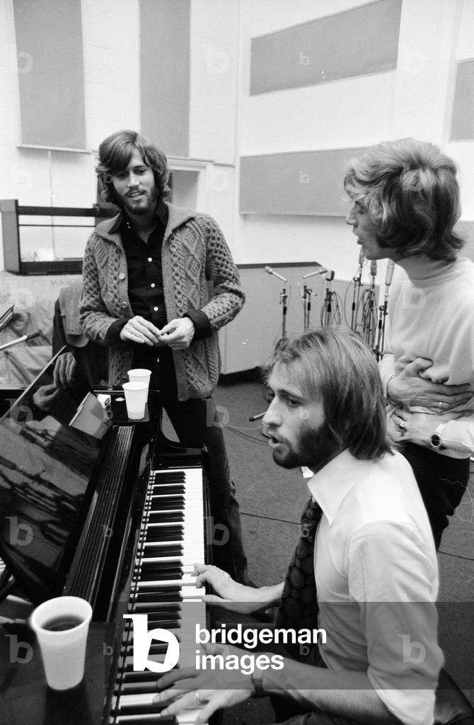 The Bee Gees, newly reunited & back in the recording studio together, Soho, London, 3rd September 1970 (b/w photo)