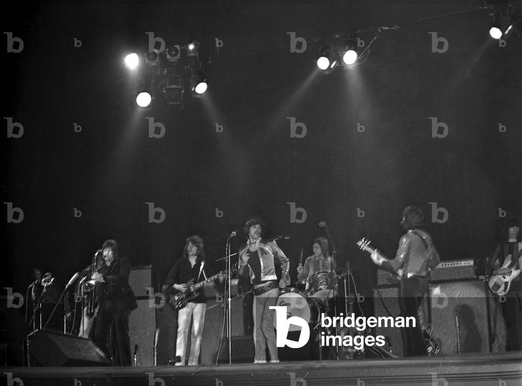 Rolling Stones on stage at Empire Theatre, Liverpool, England 12th March 1971 (b/w photo)