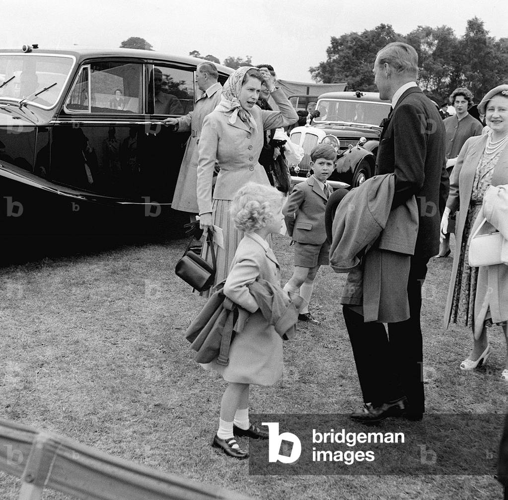 HRH Queen Elizabeth ll and the Royal Family watching polo at Great Windsor Park, June 1955 (b/w photo)