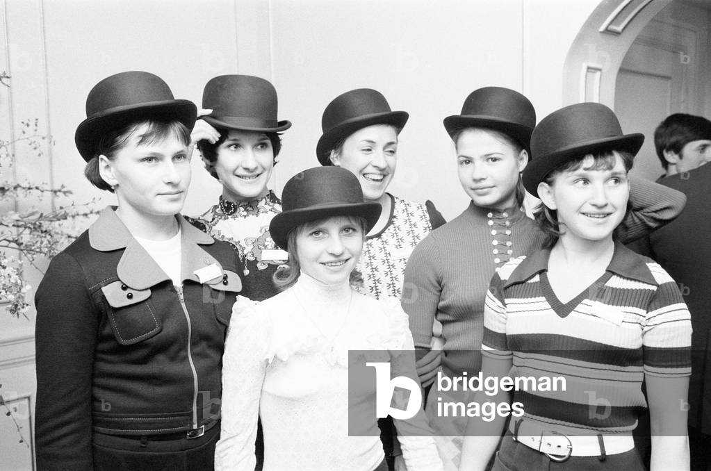 Olga Korbut and members of the Soviet Union Gymnastics Display Team attend a reception - hosted by the Daily Mirror - at the Carlton Towers Hotel in London, 4th May 1973 (b/w photo)