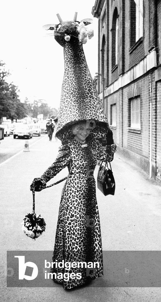 Gertrude Shilling in conical hat at Royal Ascot, 21 June 1972 (b/w photo)