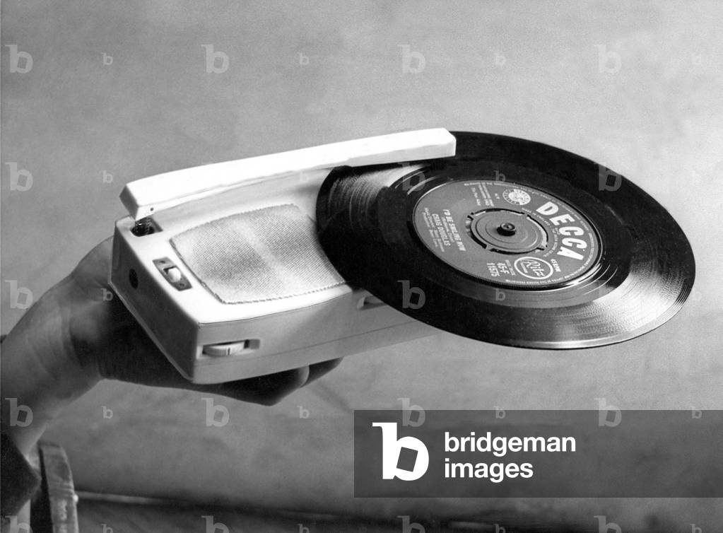 A tiny record player which is also a transistor radio in March 1963