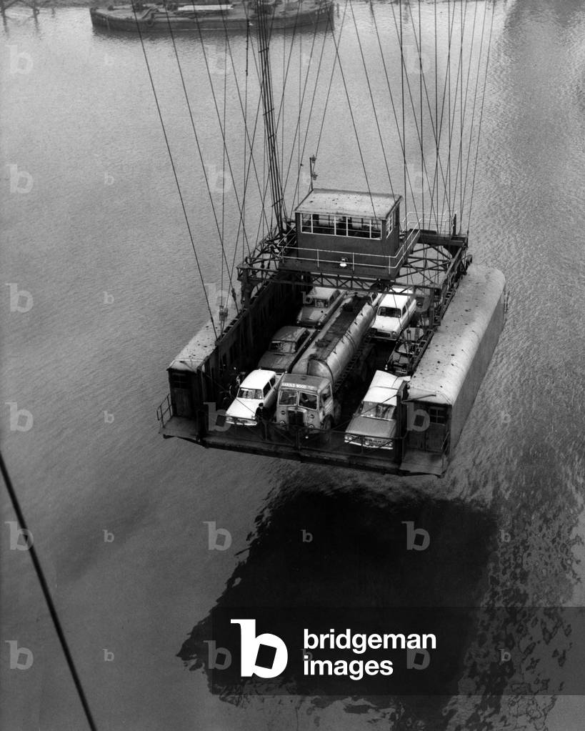 The Tees Transporter Bridge in action, Middlesbrough, 18th November 1962 (b/w photo)