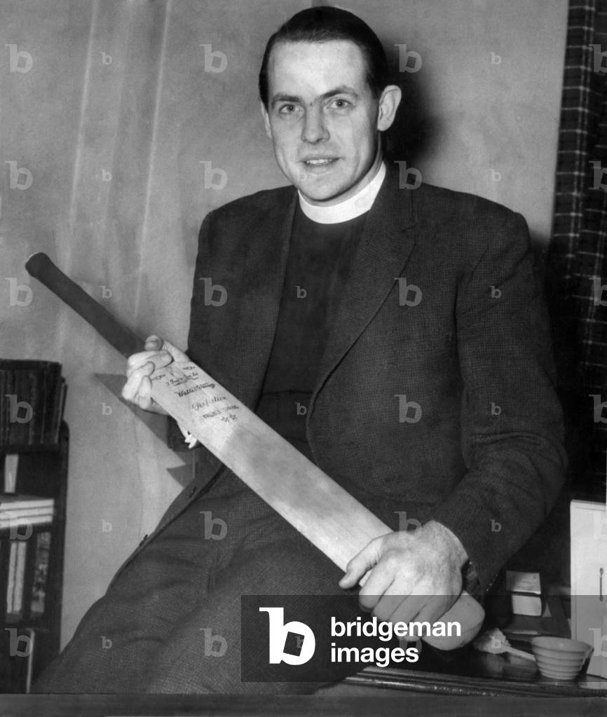 Reverend David Shepherd who may captain the England test side against the Australians photographed at the Mayflower Family Centre of which he is Warden, January 1962 (b/w photo)