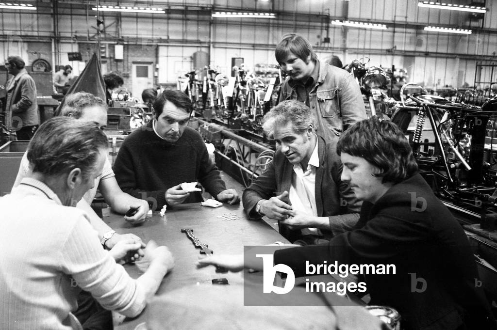 A squad of about 80 pickets were on duty today outside the deserted Norton Villiers Triumph plant in Meriden, 19th October 1973 (b/w photo)