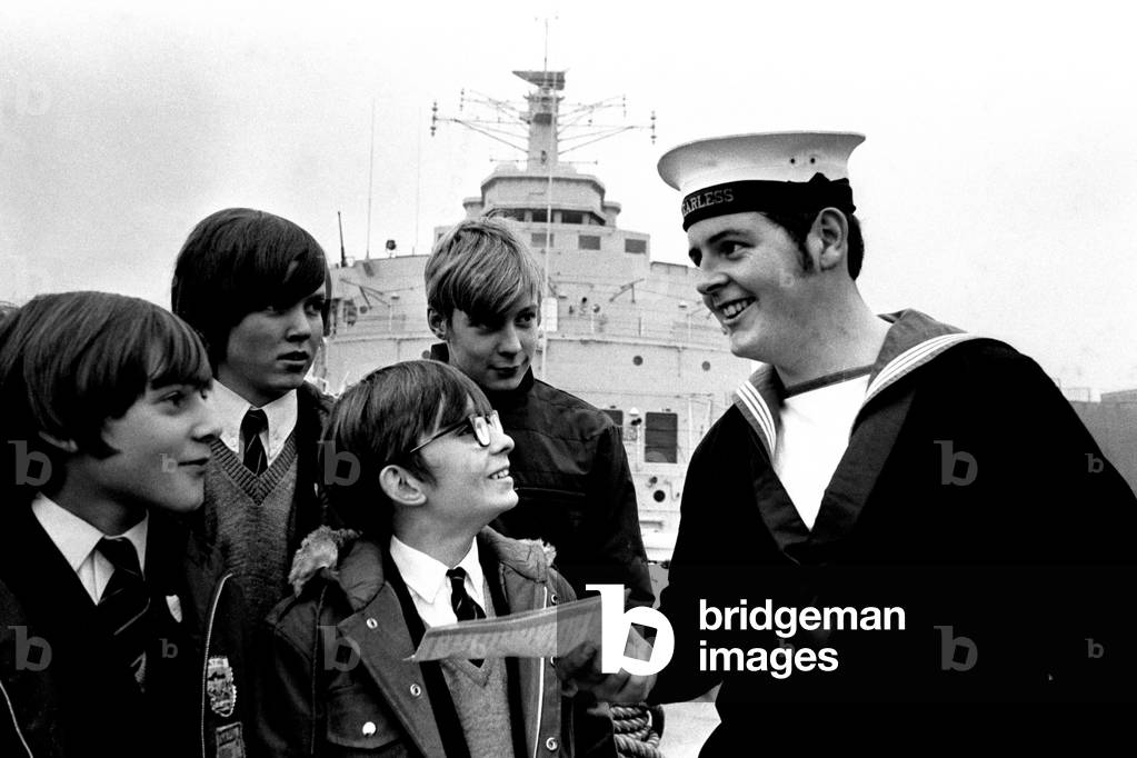 Royal Navy assault ship HMS Fearless docked on the River Tyne for the first time and stayed for a 10 day visit. 30 schoolchildren from Breckenbeds Secondary Modern School, Low Fell, Gateshead, were given a guided tour of the ship. 26th January, 1972 (b/w photo)