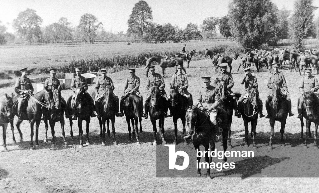 No 1 Squadron B Troop of the South Staffordshire Yeomanry seen here on exercise before departing for France at Scole on the Norfolk - Suffolk border. 7th September 1914 (b/w photo)