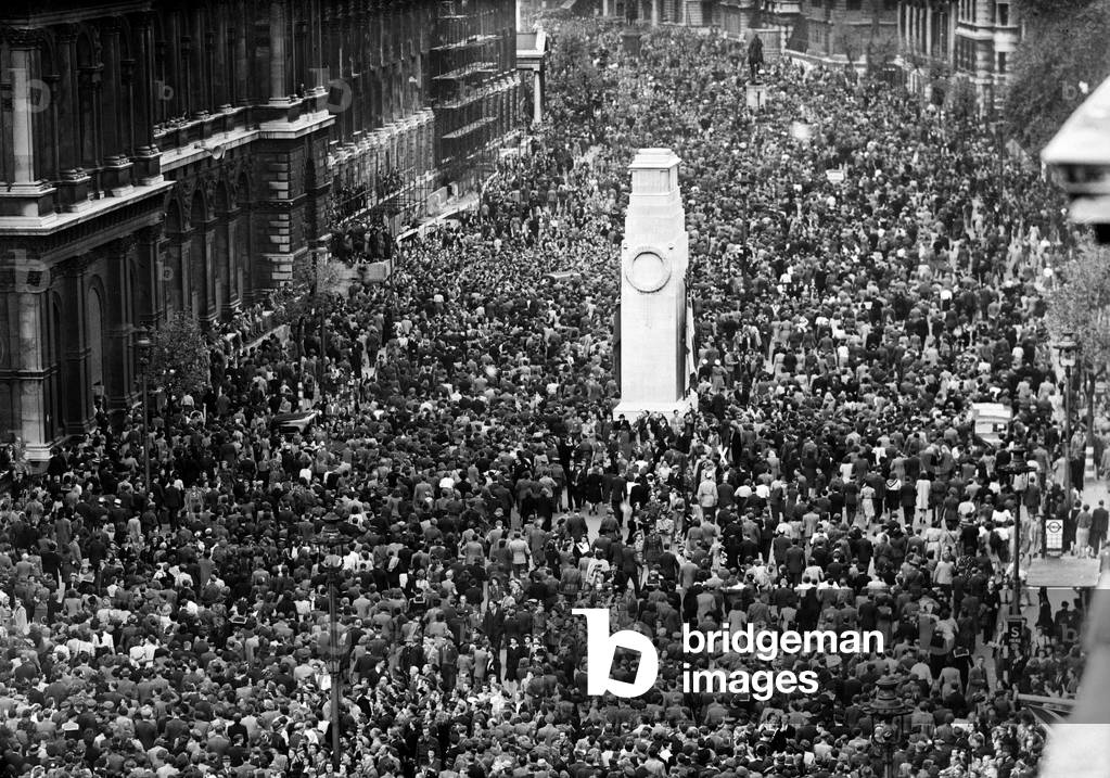 VE Day celebrations in London at the end of the Second World War. Some of the huge crowd gathered in Whitehall for the celebrations., 8th May 1945 (b/w photo)