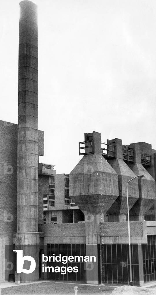 A specially designed coal-fired boiler house servicing 673 flats in Edith Avenue Estate, Washington New Town. It supplies central heating and hot water through three boilers using 3,000 tons of coal a year. 8th April 1968 (b/w photo)