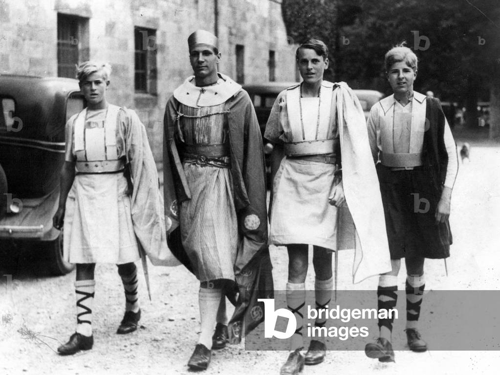 Prince Philip, Duke of Edinburgh, far left, dressed for his part in the school play 