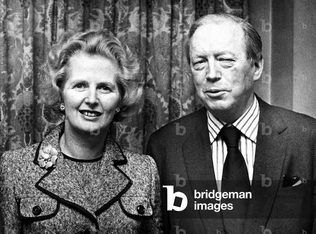 Conservative Party leader Margaret Thatcher, March 1979 with Airey Neave Tory spokesman on Northern Ireland who was murdered in a car bomb in the House of Commons Underground Car Park, March 1979 (b/w photo)