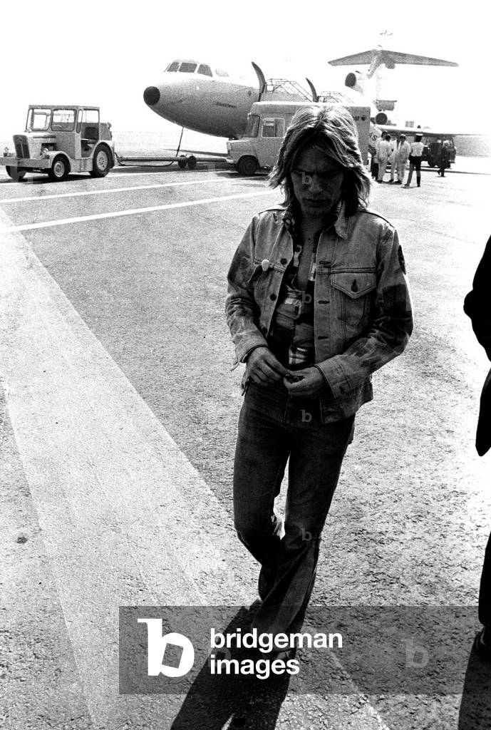 Adam Faith flew into Newcastle Airport on his way to opening a new boutique in Durham City, 21st July 1972 (b/w photo)