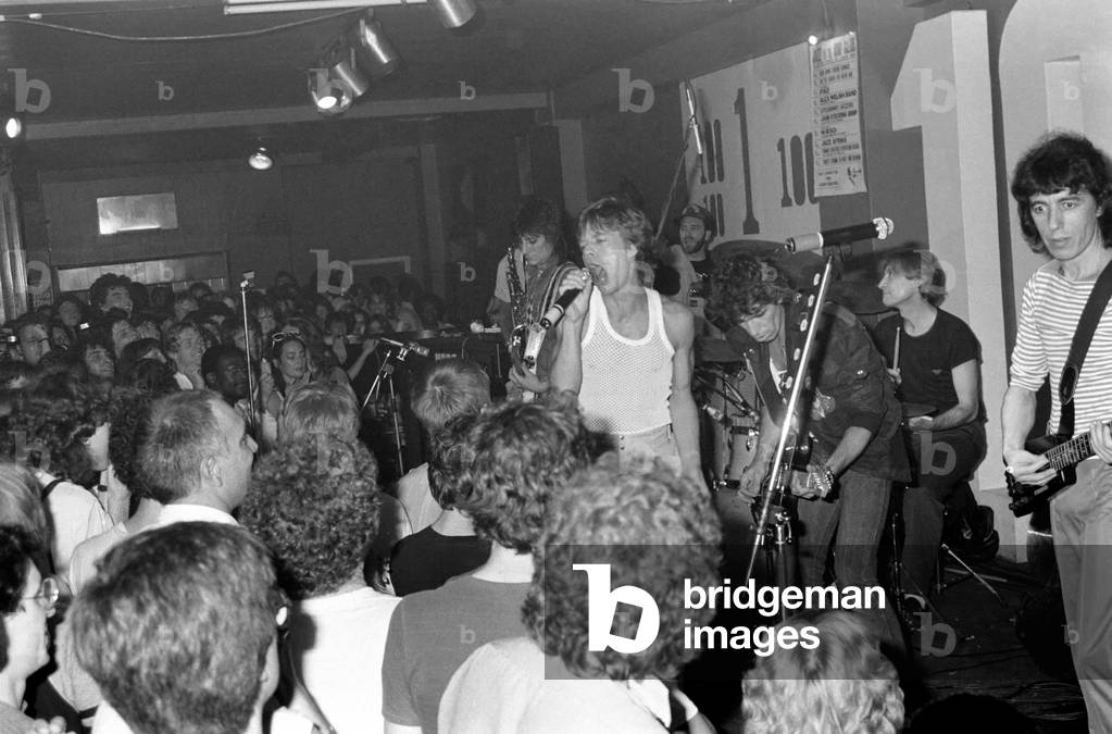 Mick Jagger and Ronnie Wood at London's 100 Club on 31 May 1982 when the Rolling Stones played a surprise low key gig for invited fans prior to their Eurpean tour.