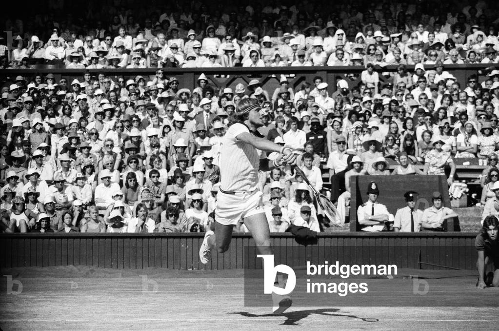 Wimbledon 1976. Bjorn Borg in action. 1st July 1976 (b/w photo)