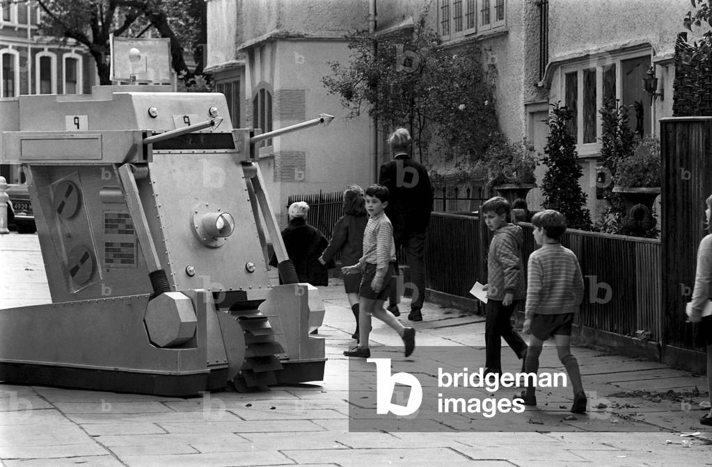 War Machines used by intelligent computer, WOTAN, in Doctor Who BBC TV Series, Episodes titled The War Machines. First aired 25th June 1966. Pictured, War Machines parked in Cornwall Gardens Walk, South Kensington, London, 26th May 1966 (b/w photo)