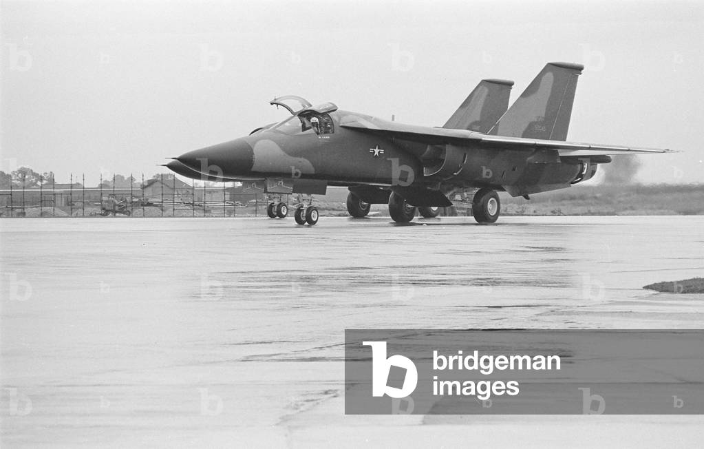 Two U.S.A.F F111 aircraft fly into U.S.A.F, Heyford. Colonel G.R Smith was the pilot of the first plane to land, 12th September 1970 (b/w photo)