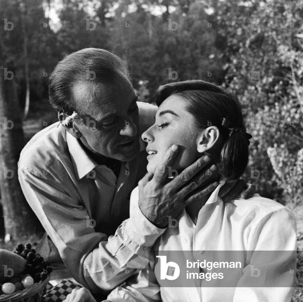 Gary Cooper and Audrey Hepburn making the film Love In the Afternoon September 1956 (b/w photo)