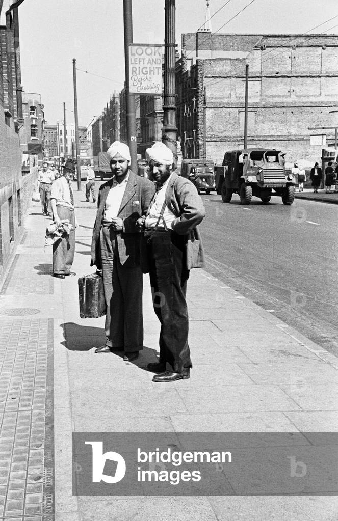Two Sikh men pictured in Whitechapel, London, c. 1947 (b/w photo)