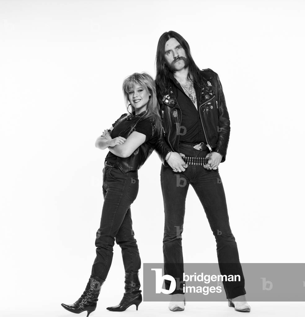 Samantha Fox, Glamour model, and Lemmy, musician, singer and songwriter who founded and fronts heavy metal rock band Motorhead, Studio Pix, 23rd April 1985 (b/w photo)