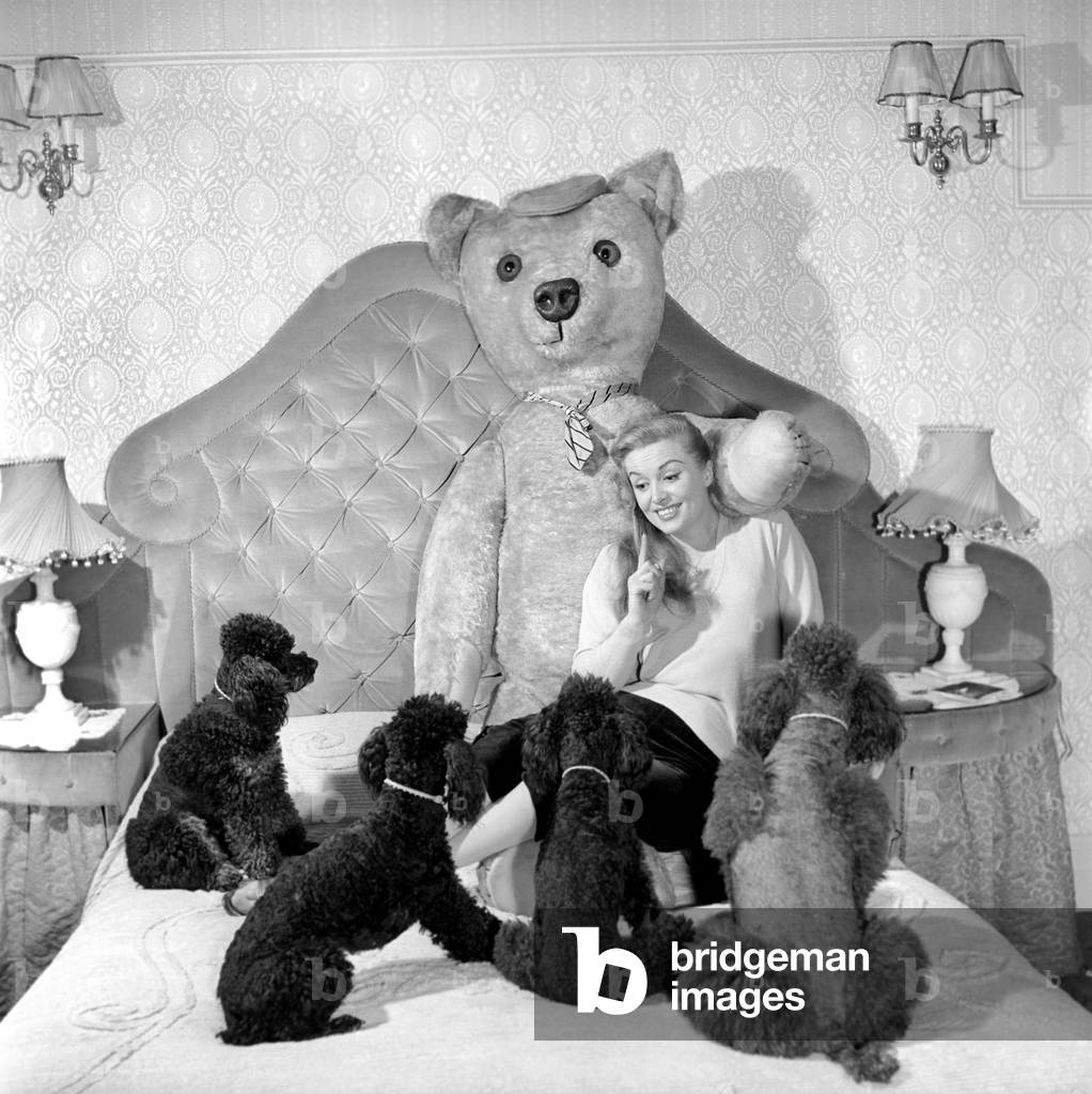 Actress Yana seen here with her pet poodles and a giant teddy bear, March 1959 (b/w photo)