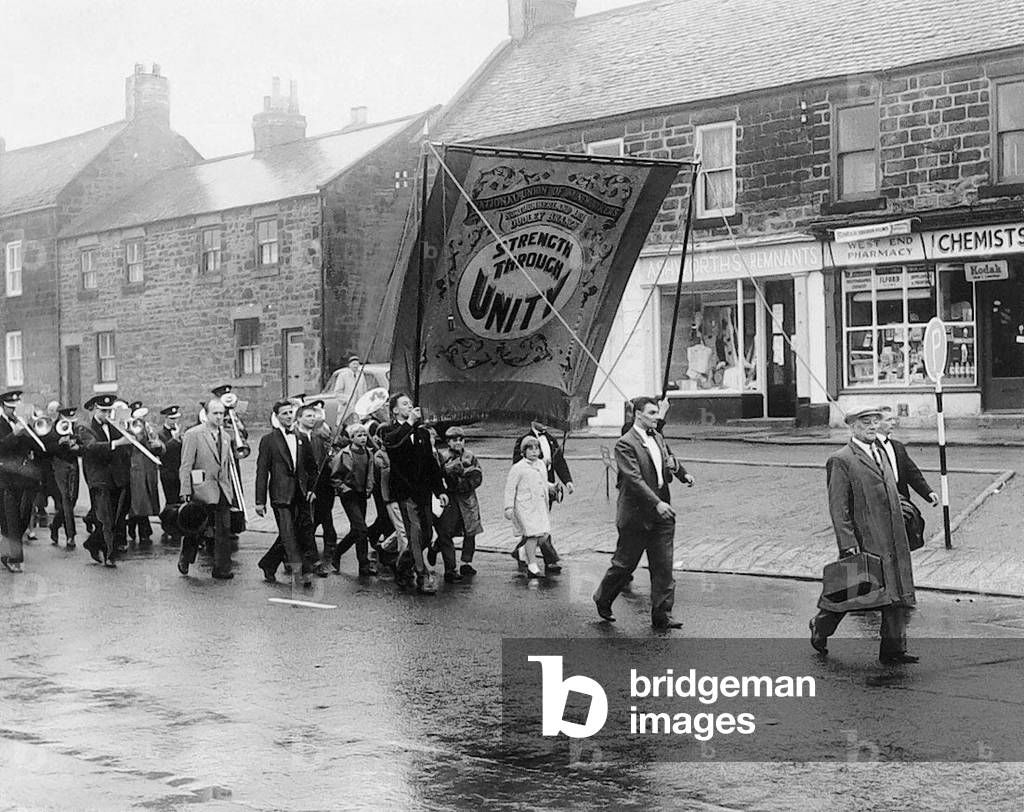 The band from Dudley is one of the first to arrive at the miners picnic at Bedlington, 1964 (b/w photo)