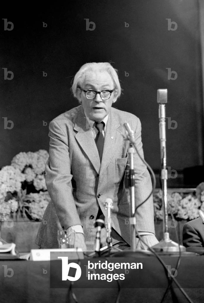 Engineers Union Conference: Employment Secretary Michael Foot spoke to the Amalgamated Engineering Union Conference at Worthing, April 1974 (b/w photo)