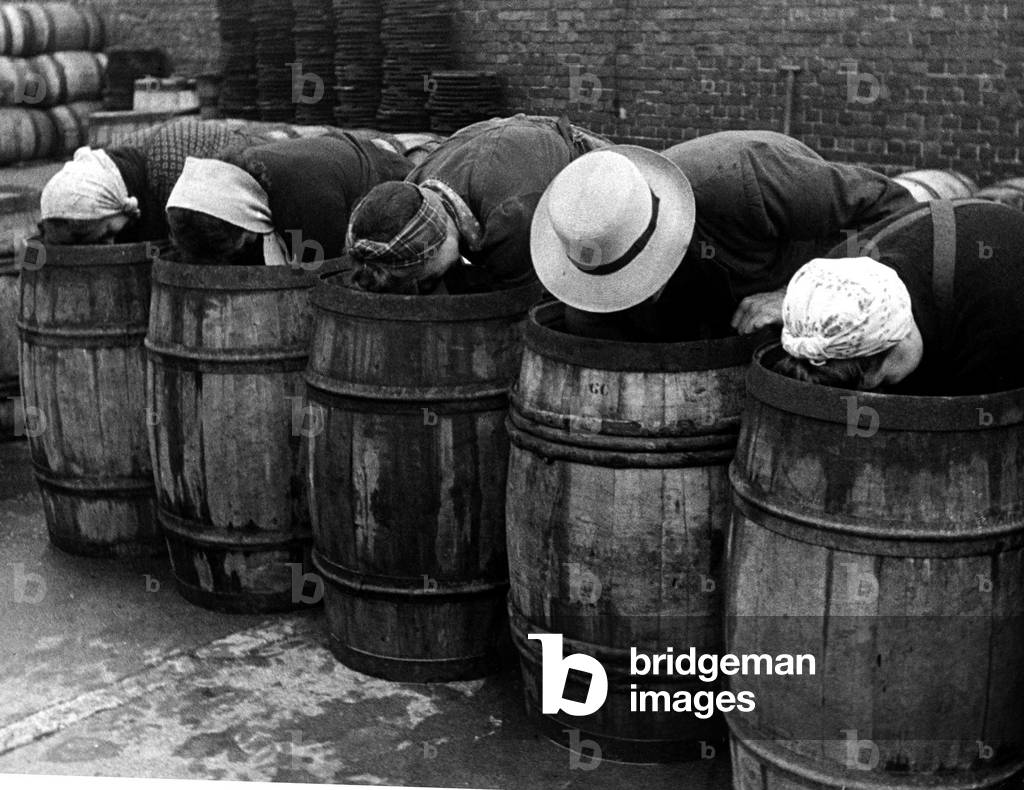 Hat fashions seen at Yarmouth as fisher girls bend over barrels whilst packing herring, December 1945 (b/w photo)