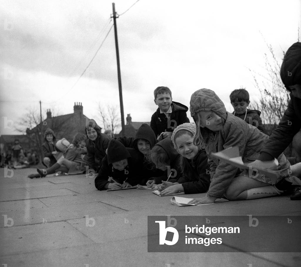 Pupils from Arcot Hall School in Cramlington carrying out a road safety project 24 April 1970 (b/w photo)