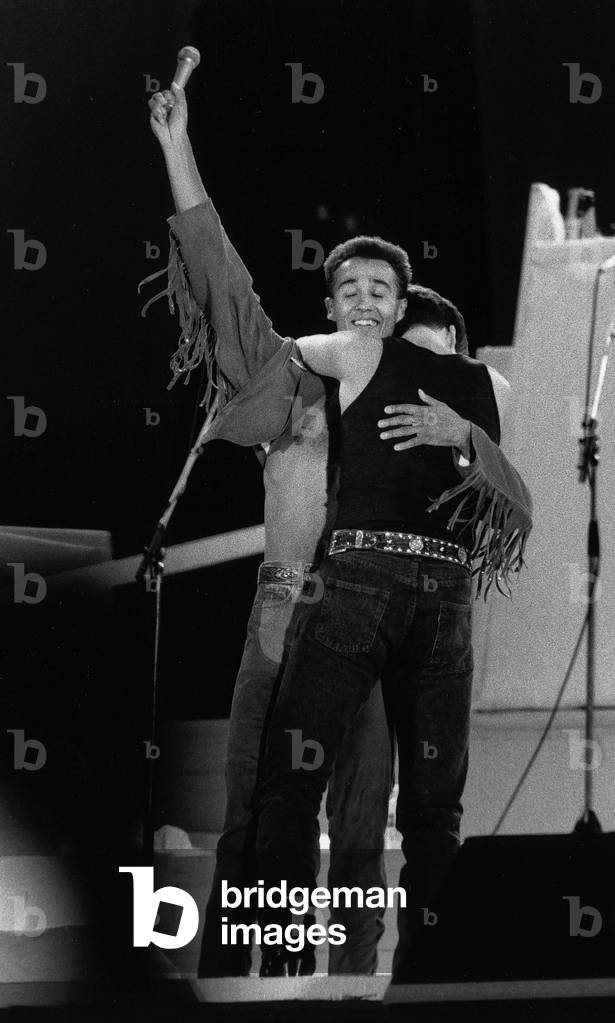 Andrew Ridgeley and George Michael of pop duo Wham!Wembley Stadium, UK, 28th June 1986 (b/w photo)