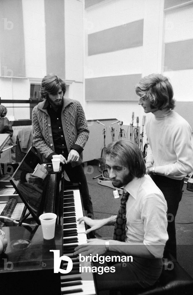 The Bee Gees, newly reunited & back in the recording studio together, Soho, London, 3rd September 1970 (b/w photo)