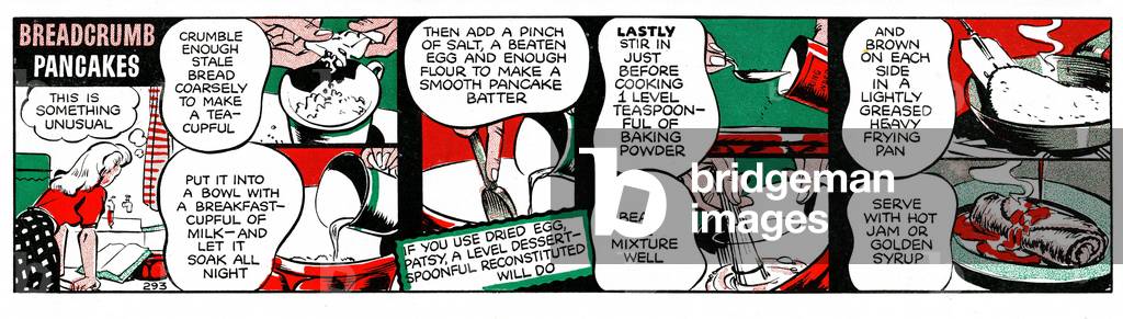 Breadcrumb pancakes, Patsy's Cookery Strip, c. 1946