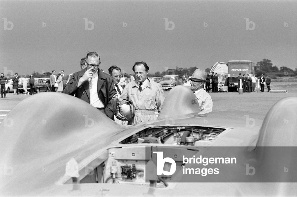 Proteus Bluebird, the car in which Donald Campbell broke the World Automobile Speed Record has has now made its last run, at 5 mph, at RAF Station, Debden, Essex, 19th June 1966.