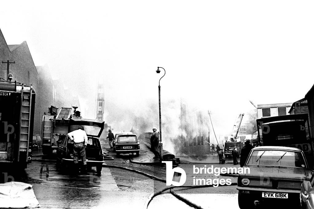 Millions of waxed cartons went up in flames in a spectacular blaze in Newcastle. 16th October, 1974 (b/w photo)