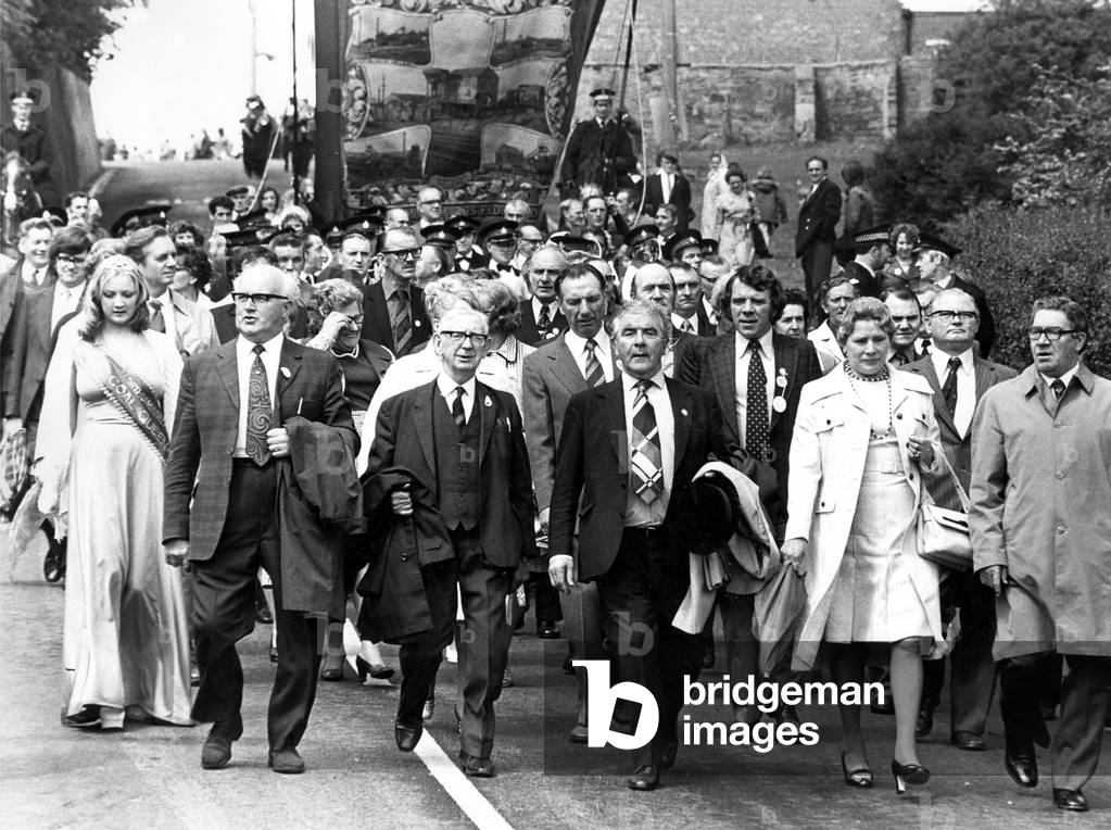 Bedlington Miners Picnic - Marchers are led to the Picnic ground by miners leader Joe Gormley, 8 June 1974
