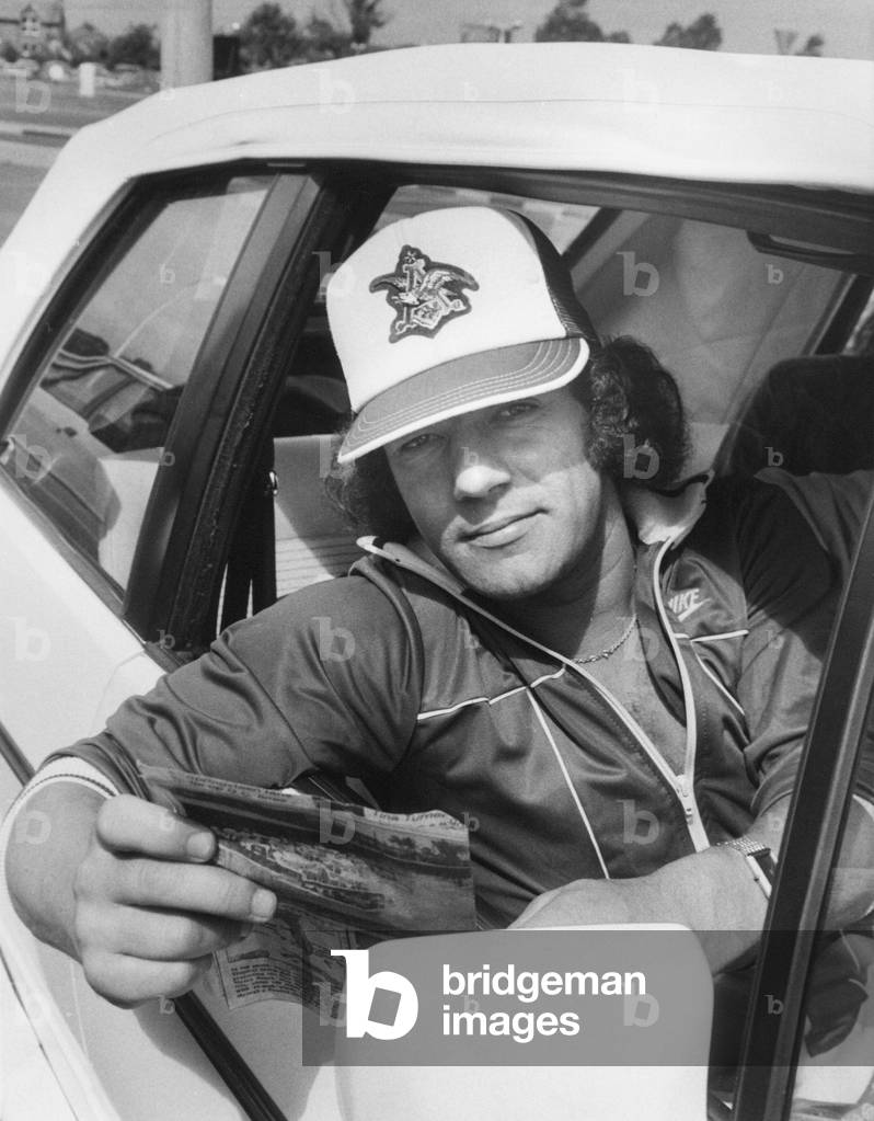 Brian Johnson lead singer of the rock group AC/DC, 24/07/1985 (b/w photo)